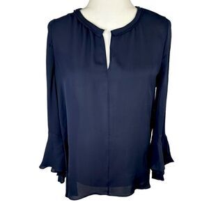Kobi Halperin Navy Blue Flutter Sleeve Silk Blouse Top